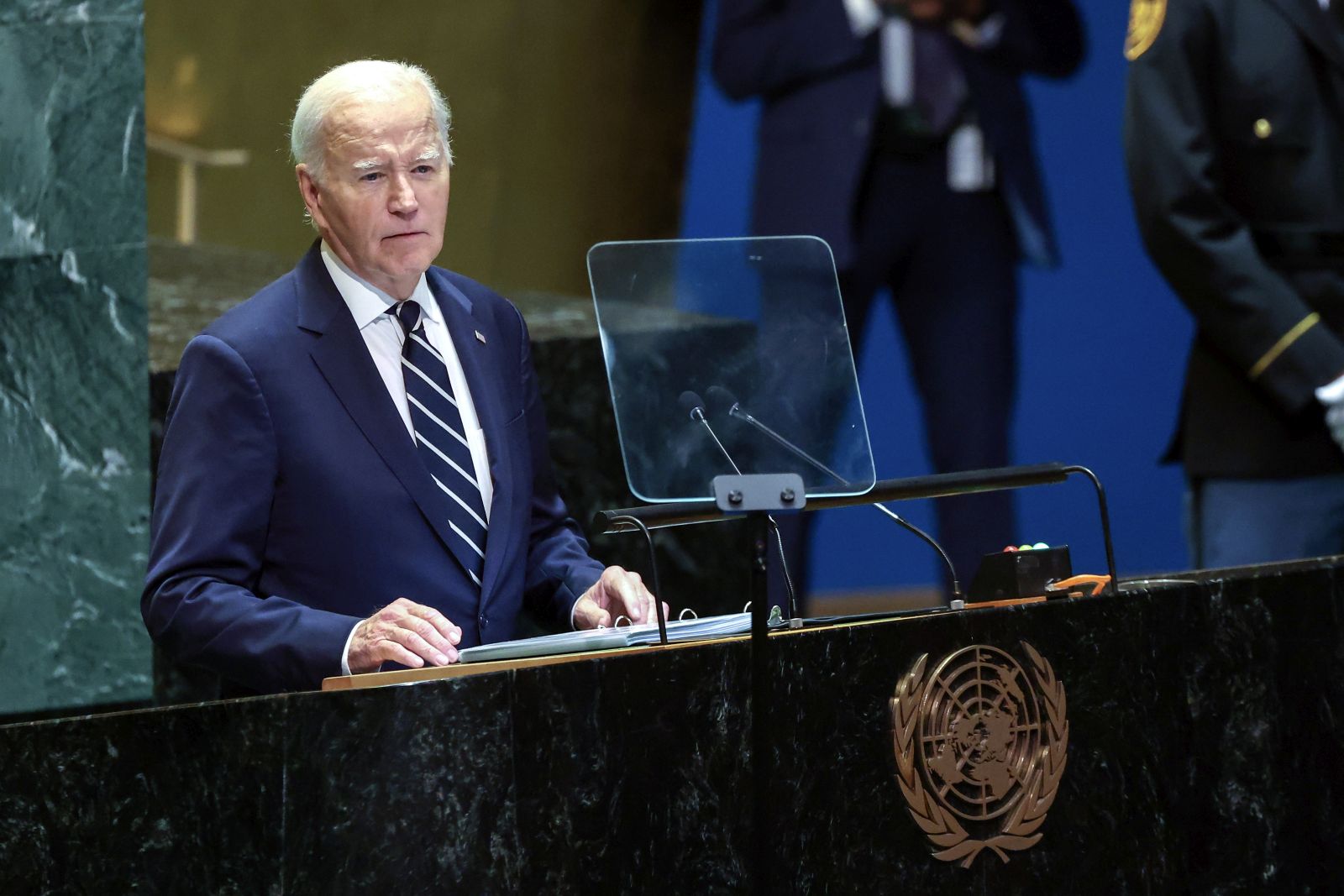 epa11622399 US President Joe Biden speaks during the General Debate of the 79th session of the United Nations General Assembly at United Nations Headquarters in New York, New York, USA, 24 September 2024. The annual high-level General Debate gathers world leaders from 24 to 28 September, and 30 September under the theme, 'Leaving no one behind: acting together for the advancement of peace, sustainable development and human dignity for present and future generations'.  EPA/SARAH YENESEL