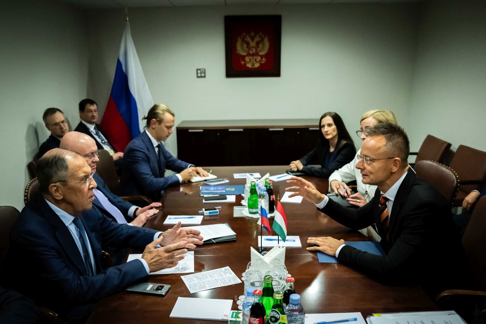 epa11625405 A handout photo made available by the Hungarian Ministry of Foreign Affairs and Trade shows Hungarian Minister of Foreign Affairs and Trade Peter Szijjarto (R) and Russian Foreign Minister Sergey Lavrov (L) sitting at the conference table during their meeting on the sidelines of the General Debate of the 79th session of the General Assembly of the United Nations in New York, New York, USA, 25 September 2024 (issued 26 September 2024).  EPA/MFAT HANDOUT  HANDOUT EDITORIAL USE ONLY/NO SALES