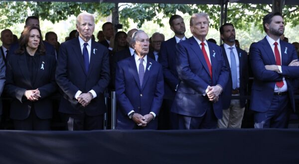 NEW YORK, NEW YORK - SEPTEMBER 11: (L-R) Democratic presidential nominee, U.S. Vice President Kamala Harris, U.S. President Joe Biden, former Mayor of New York Michael Bloomberg, Republican presidential nominee, former U.S. President Donald Trump and Republican vice presidential candidate Sen. J.D. Vance (R-OH) join family and friends at Ground Zero honoring the lives of those lost on the 23rd anniversary of the terror attacks of September 11, 2001, at the World Trade Center on September 11, 2024 in New York City. Biden and Harris will also attend ceremonies at the Flight 93 National Memorial in Shanksville, Pa, and the Pentagon in Arlington, Va., making visits to all three sites of the terror attacks that killed nearly 3,000 people.   Michael M. Santiago,Image: 906646561, License: Rights-managed, Restrictions: , Model Release: no, Credit line: Michael M. Santiago / Getty images / Profimedia