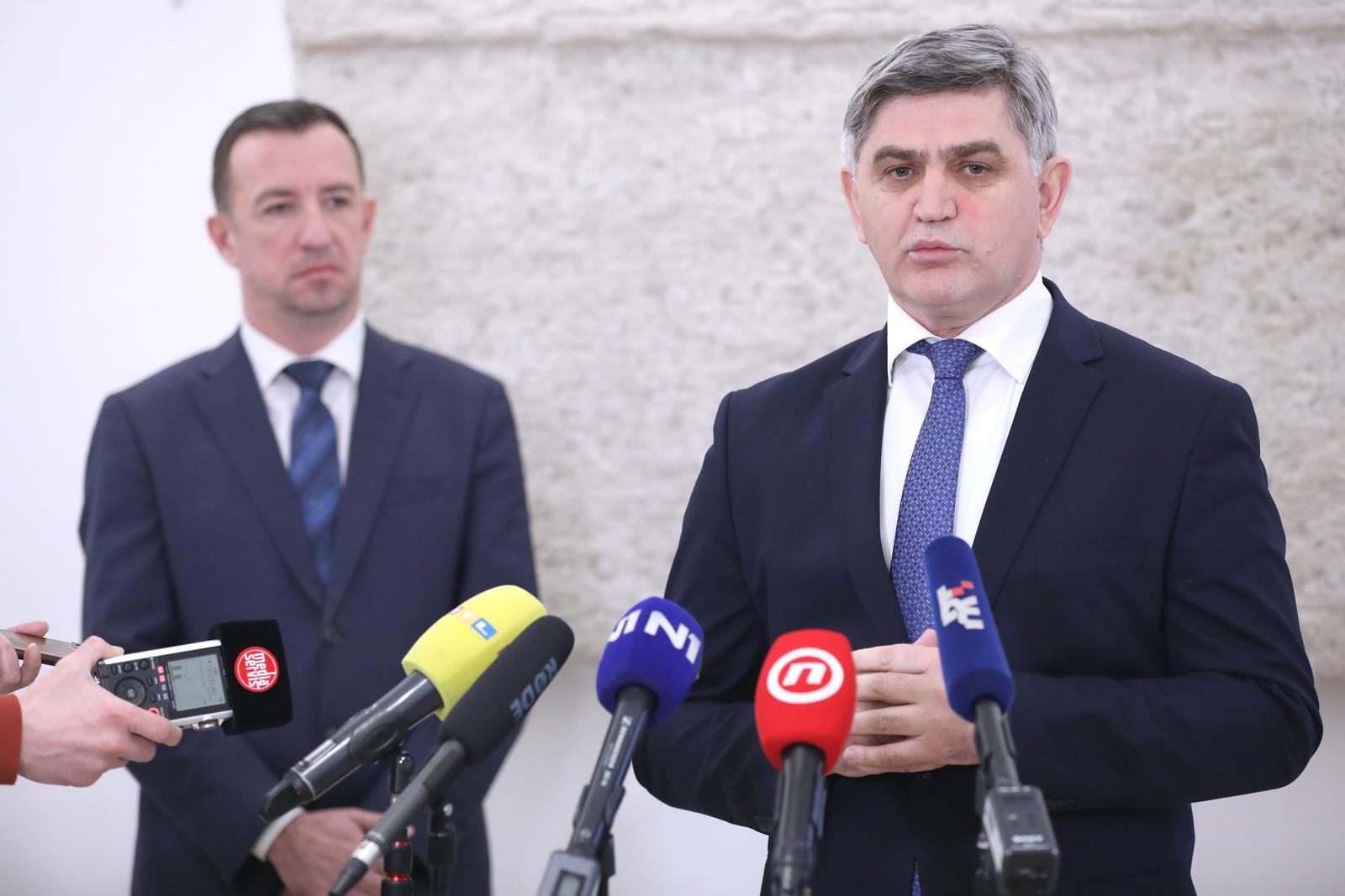 03.03.2023., Zagreb - Na konferenciji za medije odrzanoj u Saboru zastupnici HDZ-a Nikola Mazar i Josip Saric odgovarali su na kritike oporbe. Photo: Patrik Macek/PIXSELL