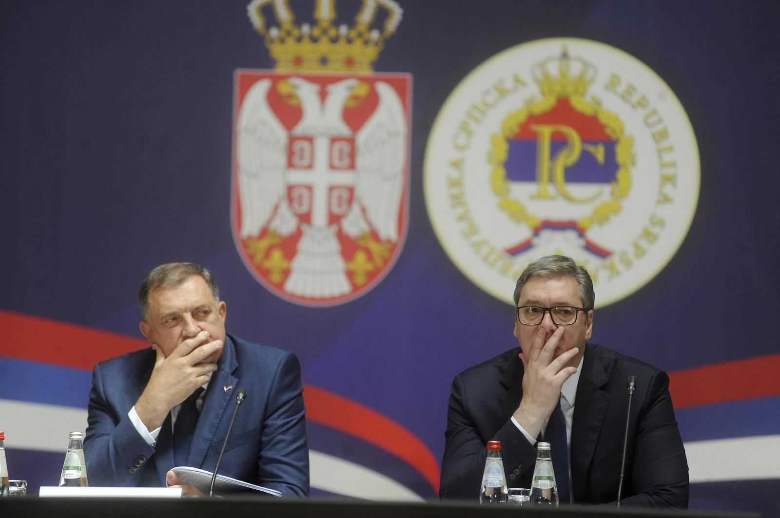 08, June, 2024, Belgrade - The joint session of the Government of the Republic of Serbia and the Republika Srpska, at which a declaration was adopted that talks about Kosovo and Metohija, respect for resolution 1244, but also clearly talks about dialogue as an essential solution to the dialogue between Serbs and Albanians and respect for the agreement, was held in the Palace of Serbia. Milorad Dodik, Aleksandar Vucic. Photo: M.A./ATAImages

08, jun, 2024, Beograd -  Zajednicka sednica Vlade Repubilke Srbije i Republike Srpske na kojoj je usvojena deklaracija koja govori o Kosovu i Metohiji, postovanju rezolucije 1244, ali se jasno govori i o dijalogu kao sustinskom resavanju dijaloga Srba  i Albanaca i postovanju sporazuma odrzana je u Palati Srbija. Photo: M.A./ATAImages Photo: M.A./ATAImages/PIXSELL