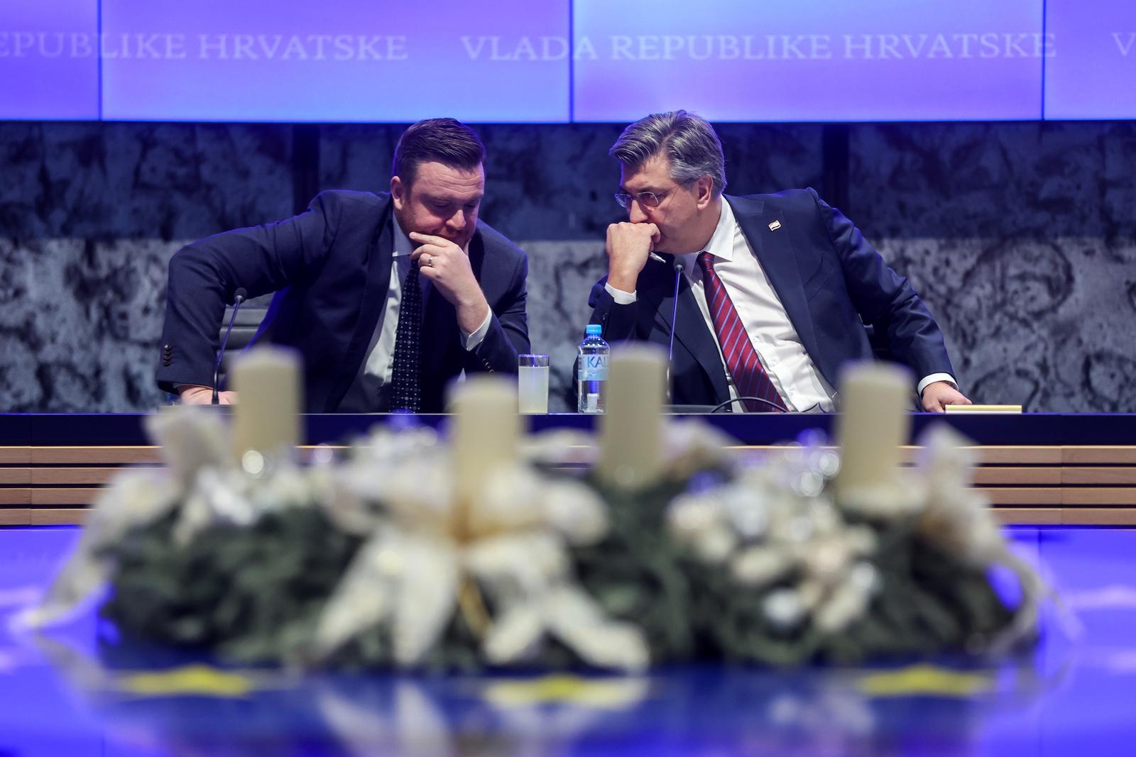 18.12.2023., Zagreb - U Nacionalnoj i sveucilisnoj knjiznici odrzana je sjednica Gospodarsko-socijalnog vijeca. ministar financija Marko Primorac, Predsjednik Vlade RH Andrej Plenkovic Photo: Igor Kralj/PIXSELL