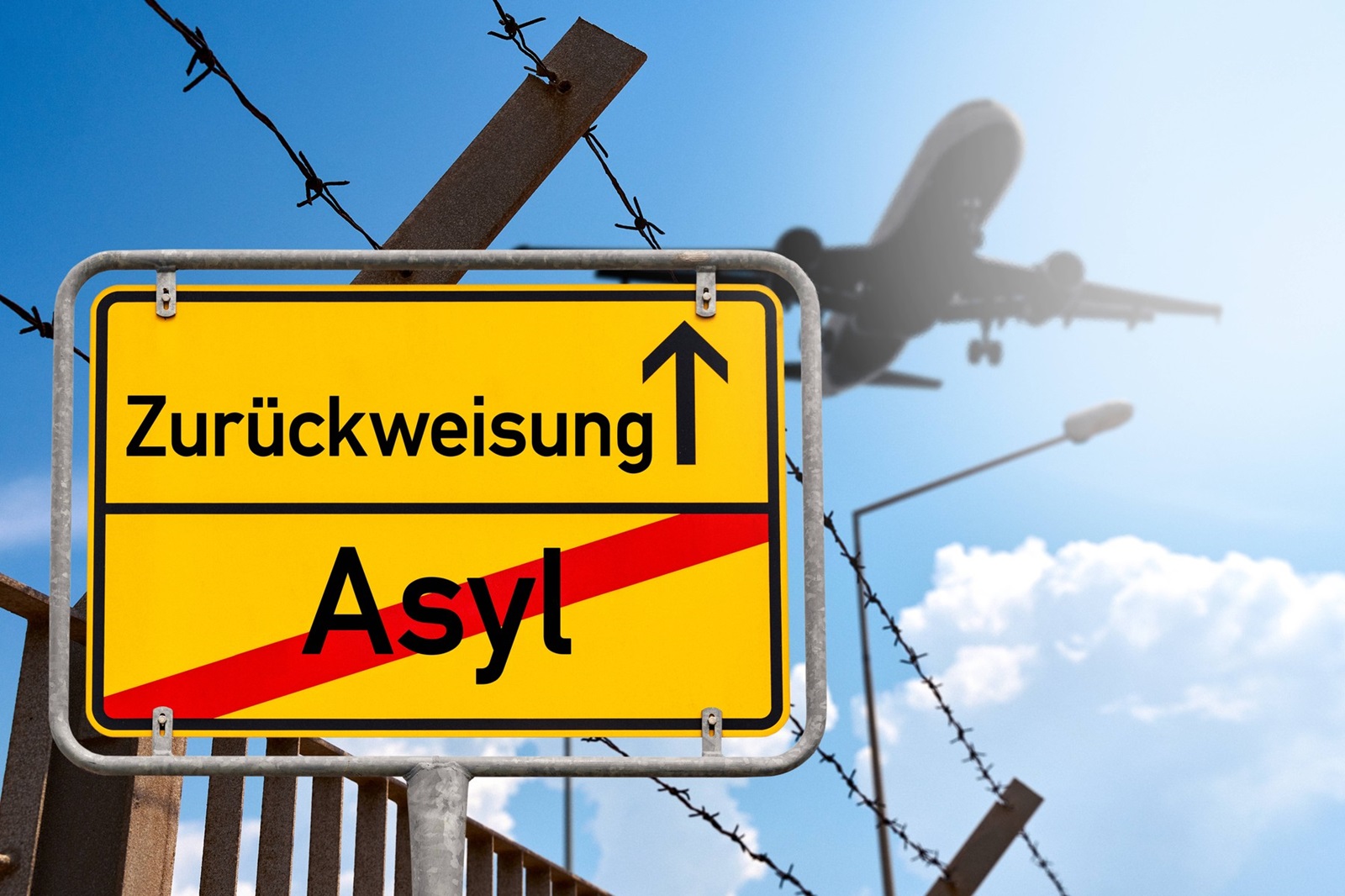 14 September 2024: A sign with the inscription Zurückweisung signals the end of asylum in Germany. Symbolic image of the rejection of asylum seekers and the political measures for border control and migration policy. PHOTOMONTAGE *** Ein Schild mit der Aufschrift Zurückweisung signalisiert das Ende des Asyls in Deutschland. Symbolbild die Ablehnung von Asylsuchenden sowie die politischen Maßnahmen zur Grenzkontrolle und Migrationspolitik. FOTOMONTAGE,Image: 907601604, License: Rights-managed, Restrictions: imago is entitled to issue a simple usage license at the time of provision. Personality and trademark rights as well as copyright laws regarding art-works shown must be observed. Commercial use at your own risk., Model Release: no, Credit line: Michael Bihlmayer / imago stock&people / Profimedia