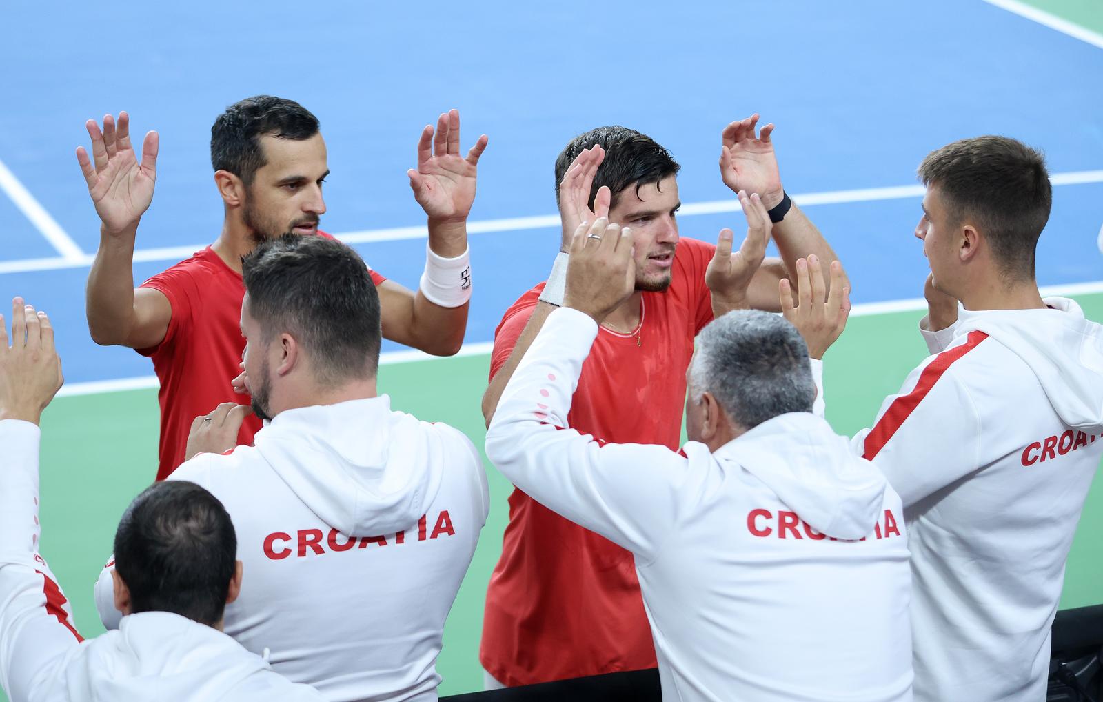 14.09.2024., Varazdin - Davis Cup Svjetska skupina I, susret Hrvatske i Litve. Mec parova izmedju Mate Pavica i Mili Poljicka protiv Edasa Butvilasa i Viliusa Gaubasa. Mate Pavic, Mili Poljicak Photo: Sanjin Strukic/PIXSELL