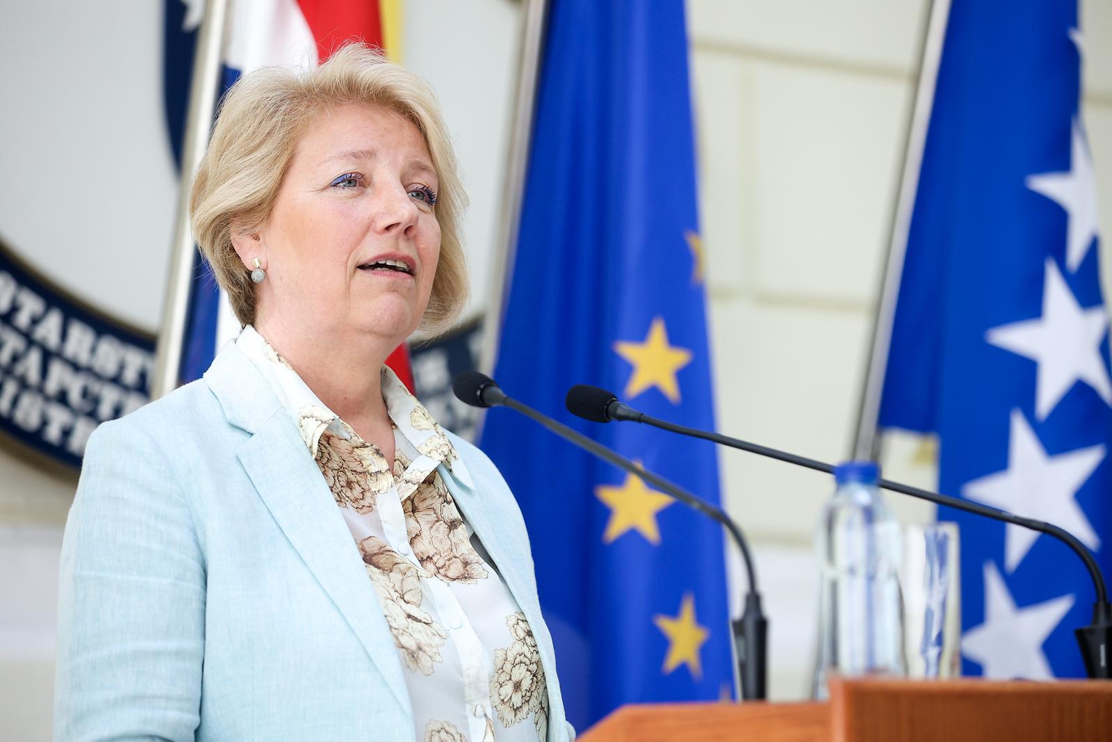 20.05.2024., Sarajevo, Bosna i Hercegovina - Konferencija za medije zamjenika ministra vanjskih poslova BiH Josipa Brkica i drzavne tajnice za Europu Ministarstva vanjskih i europskih poslova Republike Hrvatske Andreje Metelko-Zgombic nakon sastanka. Photo: Armin Durgut/PIXSELL