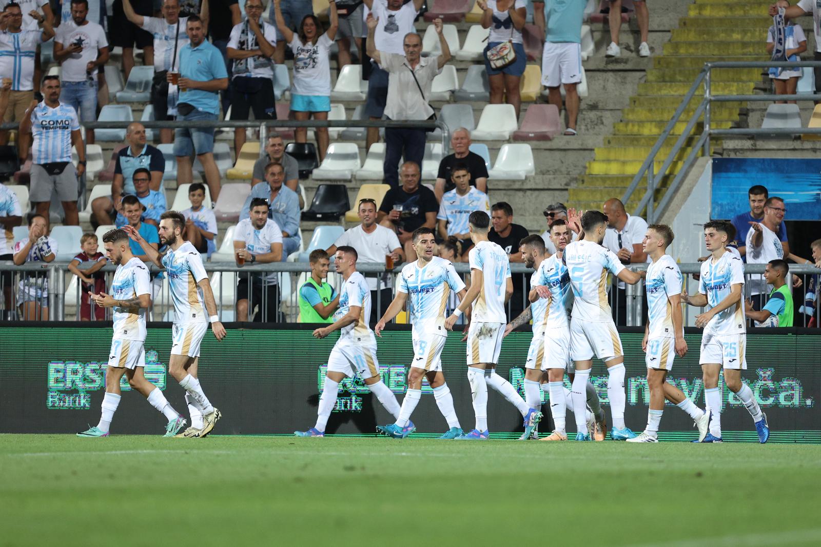 22.08.2024., stadion HNK Rijeka, Rijeka - Prva utakmica play-offa za ulazak u UEFA Konferencijsku ligu, HNK Rijeka - NK Olimpija. Slavlje nogometasa Rijeke nakon pogotka Franje Ivanovica za vodstvo 1:0. Photo: Nel Pavletic/PIXSELL