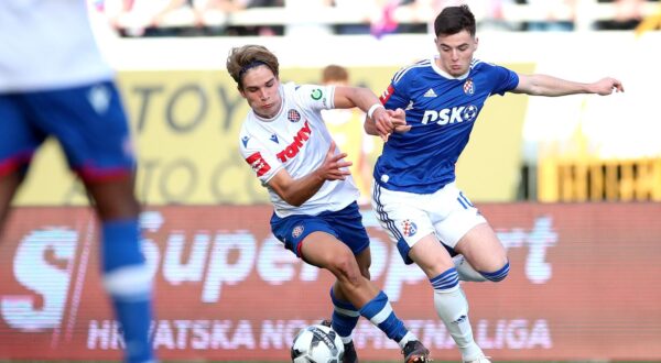 30.04.2023., stadion Poljud, Split - SuperSport HNL, 32. kolo, HNK Hajduk - GNK Dinamo. Rokas Pukstas, Martin Baturina
 Photo: Matija Habljak/PIXSELL