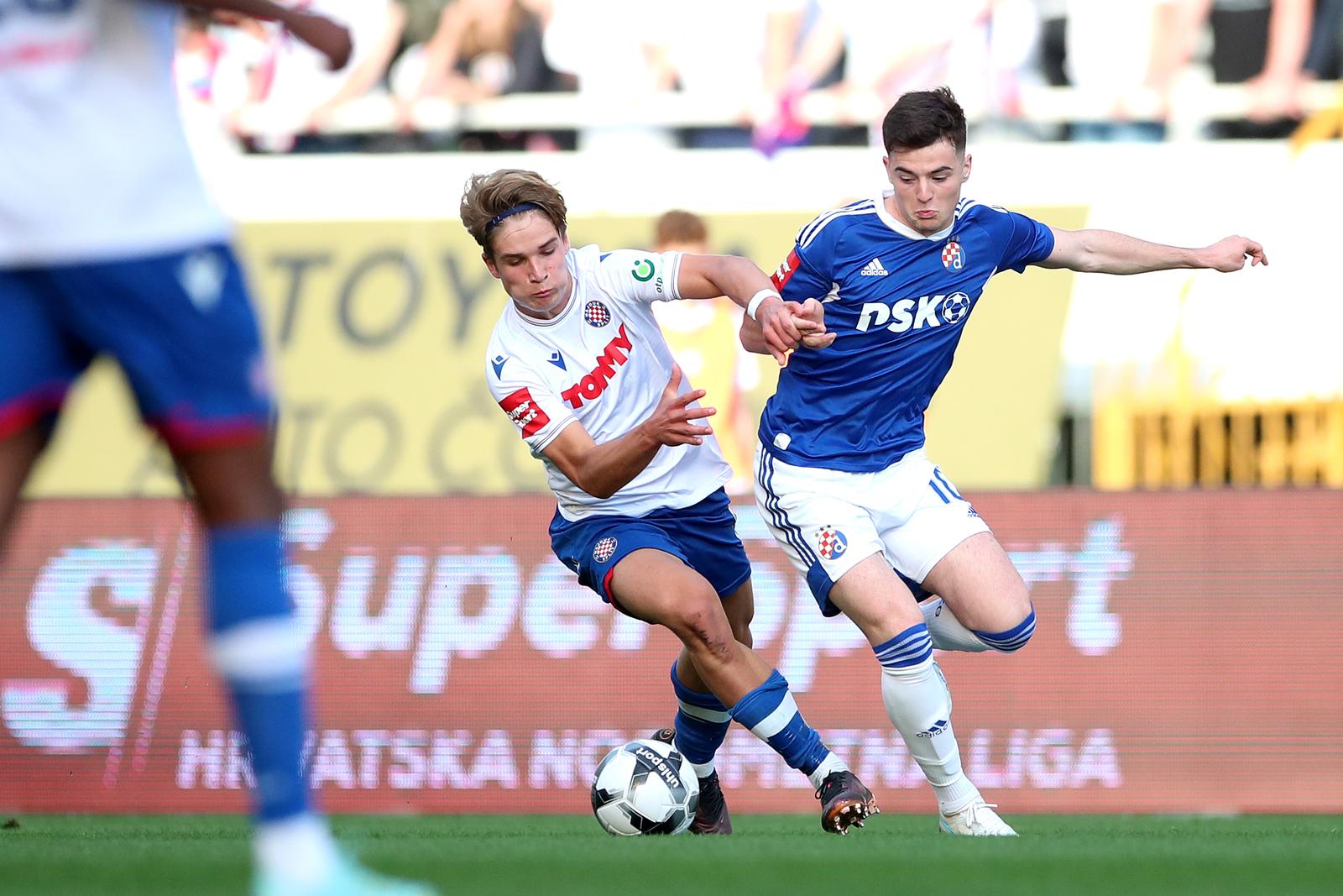 30.04.2023., stadion Poljud, Split - SuperSport HNL, 32. kolo, HNK Hajduk - GNK Dinamo. Rokas Pukstas, Martin Baturina
 Photo: Matija Habljak/PIXSELL