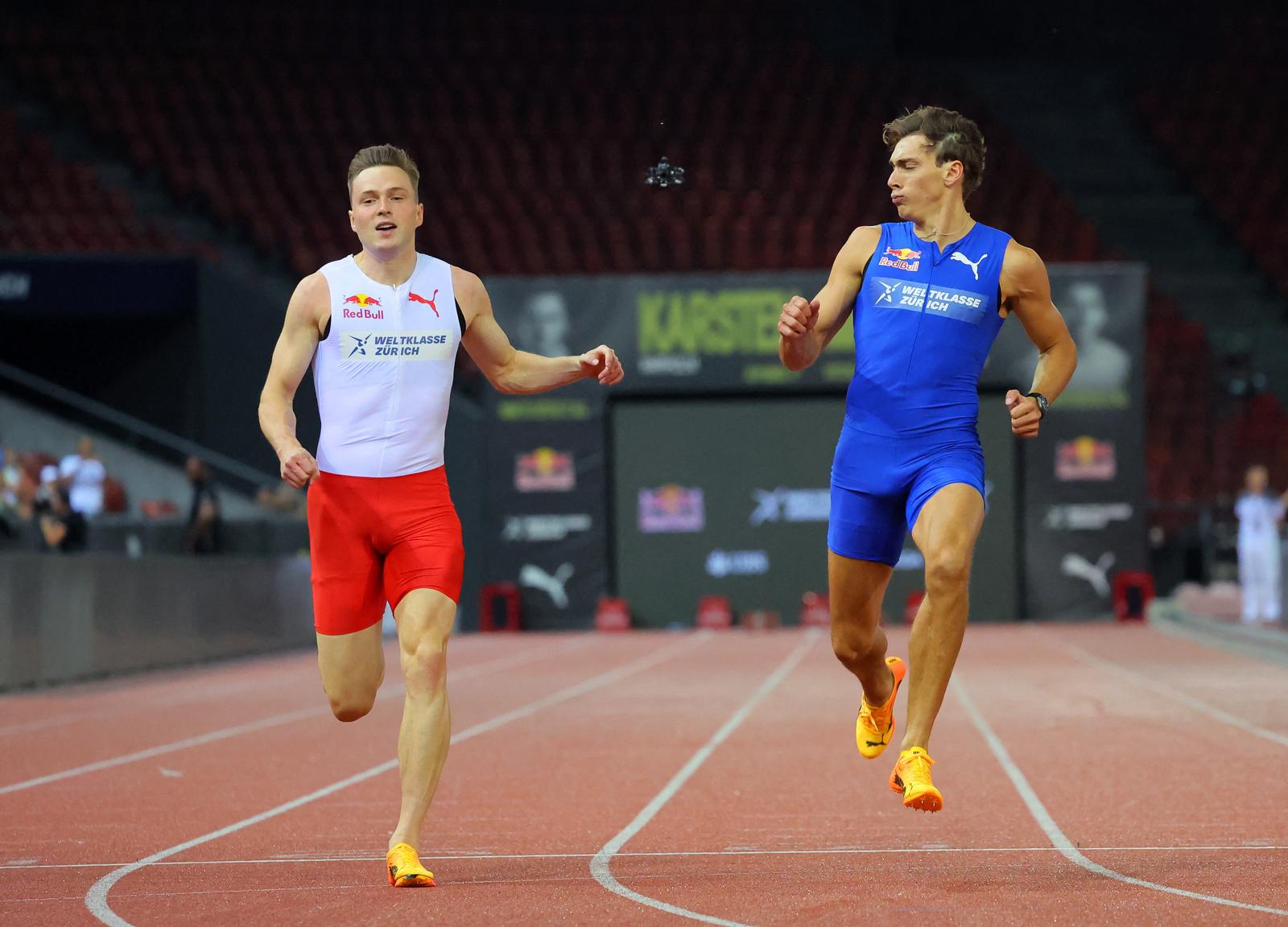 Athletics - Diamond League - Zurich - Stadion Letzigrund, Zurich, Switzerland - September 4, 2024 Sweden's Armand Duplantis crosses the finish line to win his 100m exhibition race against Norway's Karsten Warholm REUTERS/Denis Balibouse Photo: DENIS BALIBOUSE/REUTERS