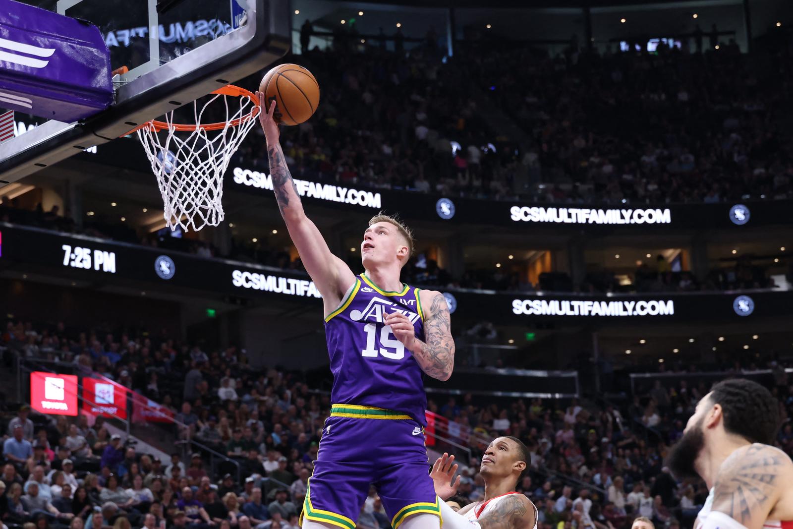 Apr 11, 2024; Salt Lake City, Utah, USA; Utah Jazz forward Luka Samanic (19) lays the ball up against the Houston Rockets during the first quarter at Delta Center. Mandatory Credit: Rob Gray-USA TODAY Sports Photo: Rob Gray/REUTERS