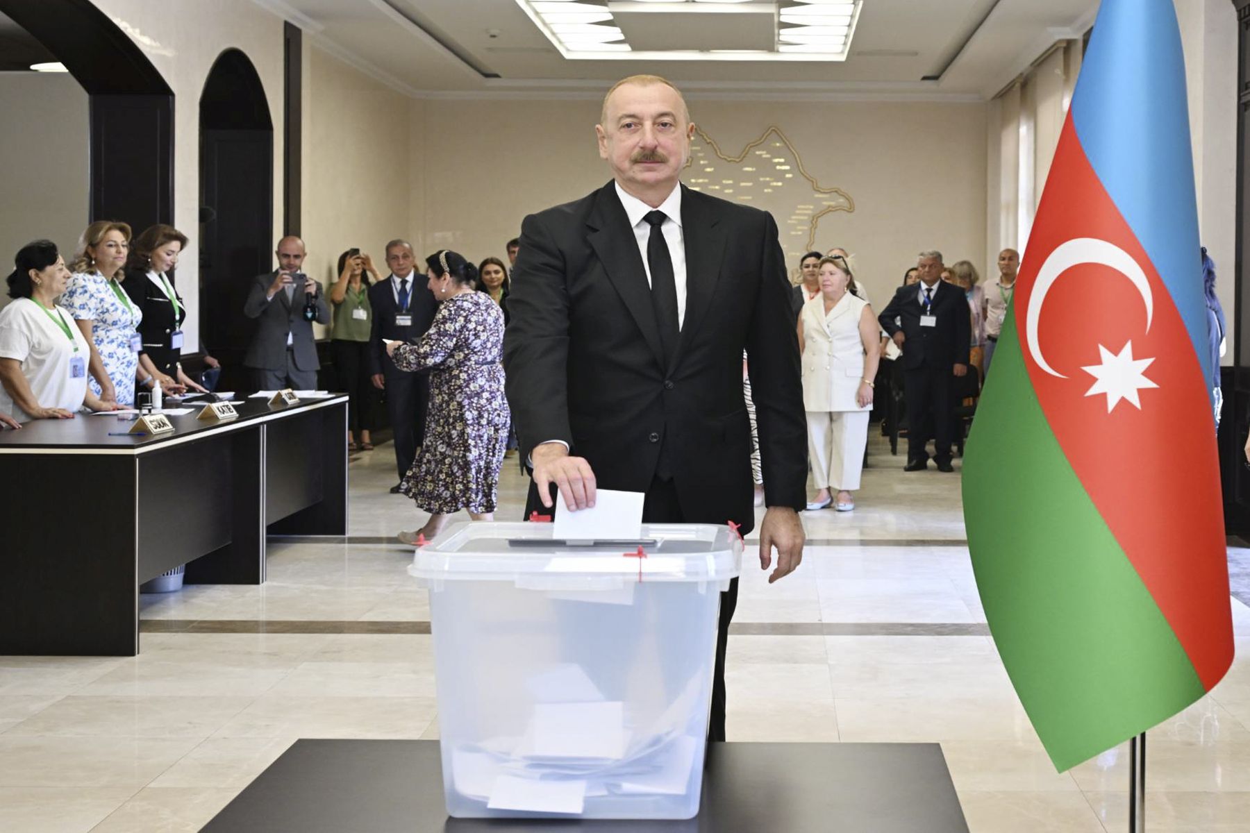 epa11577598 A handout photo made available by the Press-Service of the President of Azerbaijan shows Azerbaijan's President Ilham Aliyev casting his ballot at a polling station during voting in the country's parliamentary elections, in Baku, Azerbaijan, 01 September 2024. Azerbaijan is holding snap parliamentary elections on 01 September, with a total of 990 candidates vying for the 125 seats in the Milli Majlis (Azerbaijan's parliament).  EPA/PRESIDENT OF AZERBAIJAN PRESS-SERVICE HANDOUT -- MANDATORY CREDIT -- BEST QUALITY AVAILABLE -- HANDOUT EDITORIAL USE ONLY/NO SALES