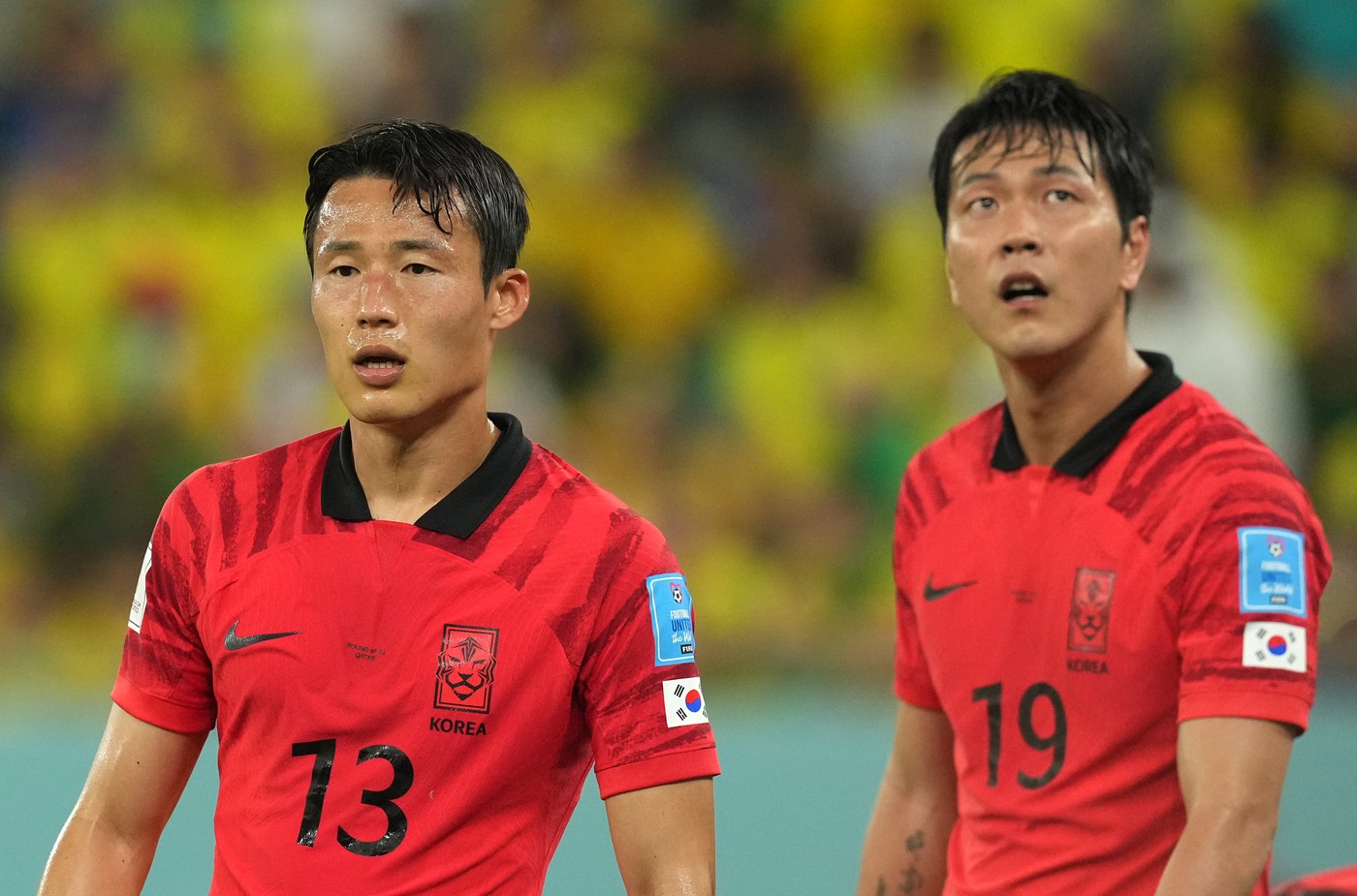 South Korea's Son Jun-ho and Kim Young-gwon during the FIFA World Cup Round of Sixteen match at Stadium 974 in Doha, Qatar. Picture date: Monday December 5, 2022.,Image: 742534043, License: Rights-managed, Restrictions: Use subject to restrictions. Editorial use only, no commercial use without prior consent from rights holder., Model Release: no, Credit line: Martin Rickett / PA Images / Profimedia