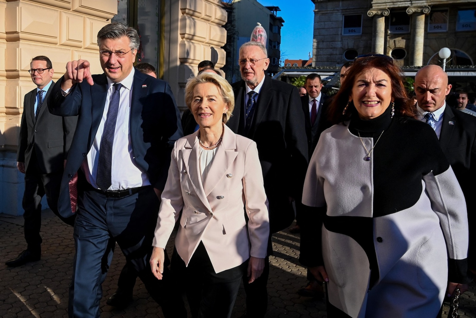 Croatia's Prime Minister Andrej Plenkovic (L), European Commission President Ursula von der Leyen (C) and European Commission vice-president in charge of Democracy and Demography Dubravka Suica (R) take a walk in Zagreb on January 1, 2023 during the visit of EU Commision on the occasion of Croatia's entry to the passport-free Schengen zone. At midnight Croatia became the 27th nation in the passport-free Schengen zone, the world's largest, which allows more than 400 million people to move freely between its members.,Image: 747223466, License: Rights-managed, Restrictions: , Model Release: no, Credit line: DENIS LOVROVIC / AFP / Profimedia