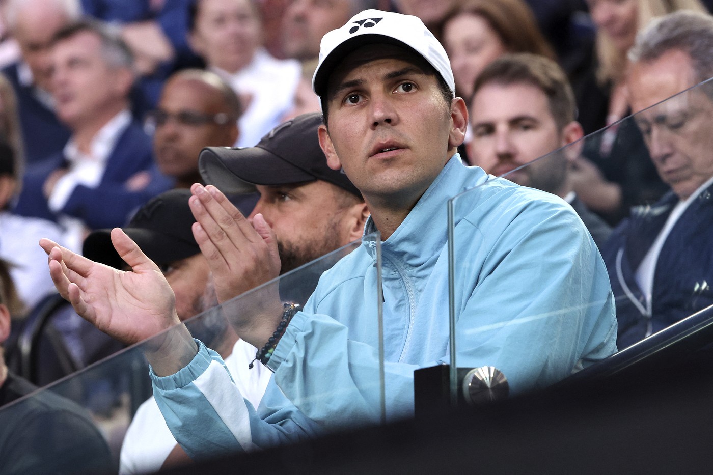 The coach of Kazakhstan's Elena Rybakina, Stefano Vukov, supports her from the players box as she competes against Belarus' Victoria Azarenka during their women's singles semi-final match on day eleven of the Australian Open tennis tournament in Melbourne on January 26, 2023.,Image: 752007490, License: Rights-managed, Restrictions: -- IMAGE RESTRICTED TO EDITORIAL USE - STRICTLY NO COMMERCIAL USE --, Model Release: no, Credit line: Martin KEEP / AFP / Profimedia