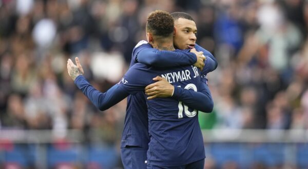 PARIS, FRANCE - FEBRUARY 19:  Kylian Mbappe (7)  and Neymar Jr (10) celebrate the goal of Neymar Jr during the French Ligue 1 match between Paris Saint-Germain (PSG) and LOSC Lille at Parc des Princes on February 19, 2023 in Paris, France.,Image: 757920246, License: Rights-managed, Restrictions: * France, Italy, and Japan Rights OUT *, Model Release: no, Credit line: Glenn Gervot / Zuma Press / Profimedia