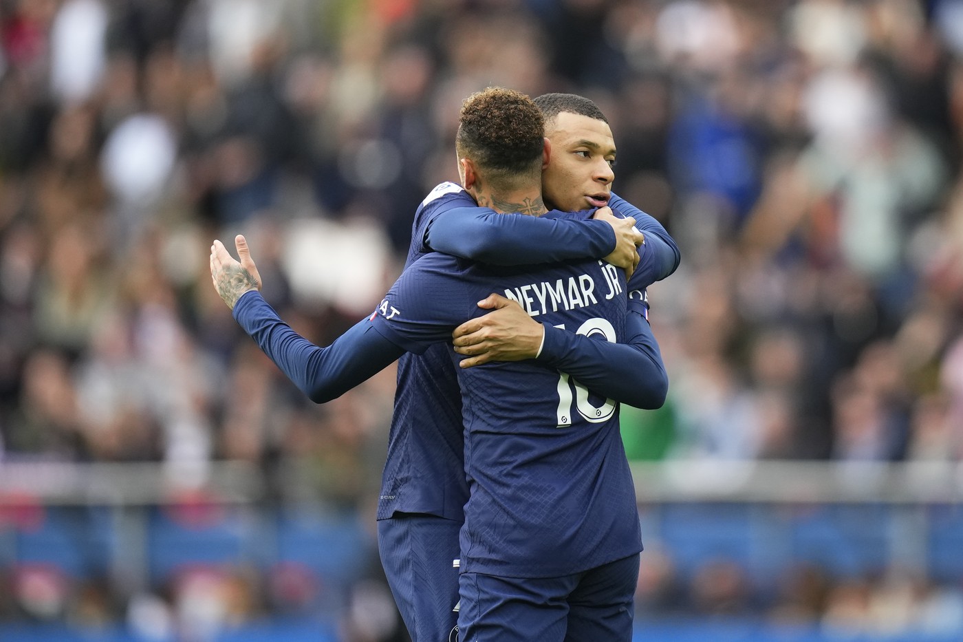 PARIS, FRANCE - FEBRUARY 19:  Kylian Mbappe (7)  and Neymar Jr (10) celebrate the goal of Neymar Jr during the French Ligue 1 match between Paris Saint-Germain (PSG) and LOSC Lille at Parc des Princes on February 19, 2023 in Paris, France.,Image: 757920246, License: Rights-managed, Restrictions: * France, Italy, and Japan Rights OUT *, Model Release: no, Credit line: Glenn Gervot / Zuma Press / Profimedia