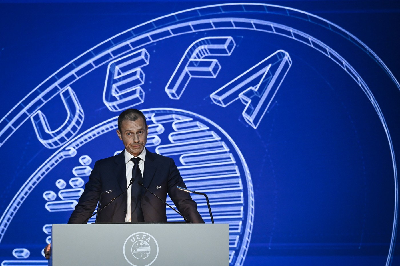 Re-elected UEFA’s president Aleksander Ceferin delivers a speech during the 47th UEFA Congress held in Lisbon on April 5, 2023.,Image: 767369263, License: Rights-managed, Restrictions: , Model Release: no, Credit line: PATRICIA DE MELO MOREIRA / AFP / Profimedia