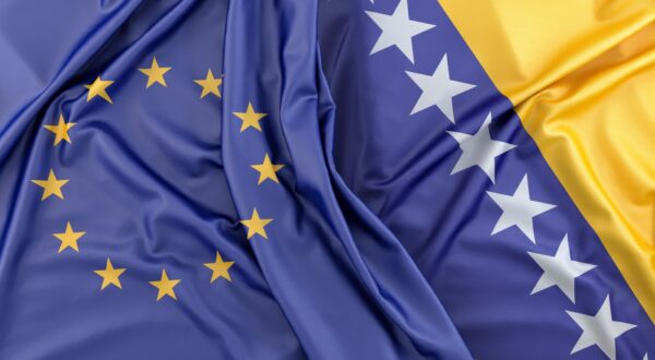 Ruffled Flags of European Union and Bosnia and Herzegovina. 3D Rendering,Image: 811324983, License: Royalty-free, Restrictions: , Model Release: no, Credit line: Kirill Makarov / Panthermedia / Profimedia