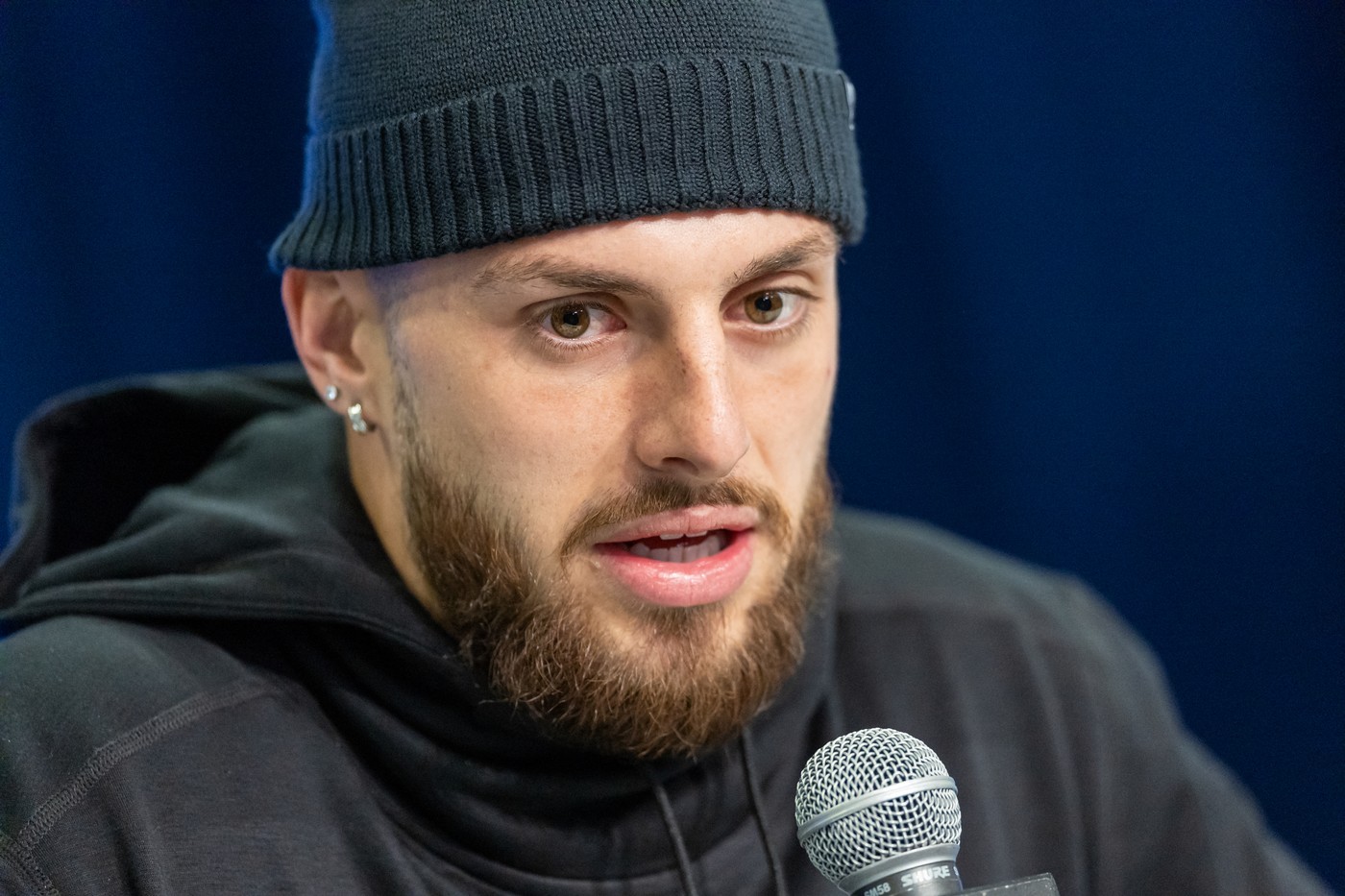 INDIANAPOLIS, INDIANA - MARCH 01: Ricky Pearsall #WO23 of the Florida Gators speaks to the media during the 2024 NFL Draft Combine at Lucas Oil Stadium on March 01, 2024 in Indianapolis, Indiana.   Michael Hickey,Image: 852636911, License: Rights-managed, Restrictions: , Model Release: no, Credit line: Michael Hickey / Getty images / Profimedia