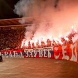 23.03.2024 BelgradeSerbia Crvena ZvezdaFC Red Star-Zenit International Friendly, Länderspiel, Nationalmannschaft men s football Red Star fans with big Serbian and Russian flags brothers forever and torches :Stringer/,Image: 859134715, License: Rights-managed, Restrictions: , Model Release: no, Credit line: IMAGO / imago sportfotodienst / Profimedia