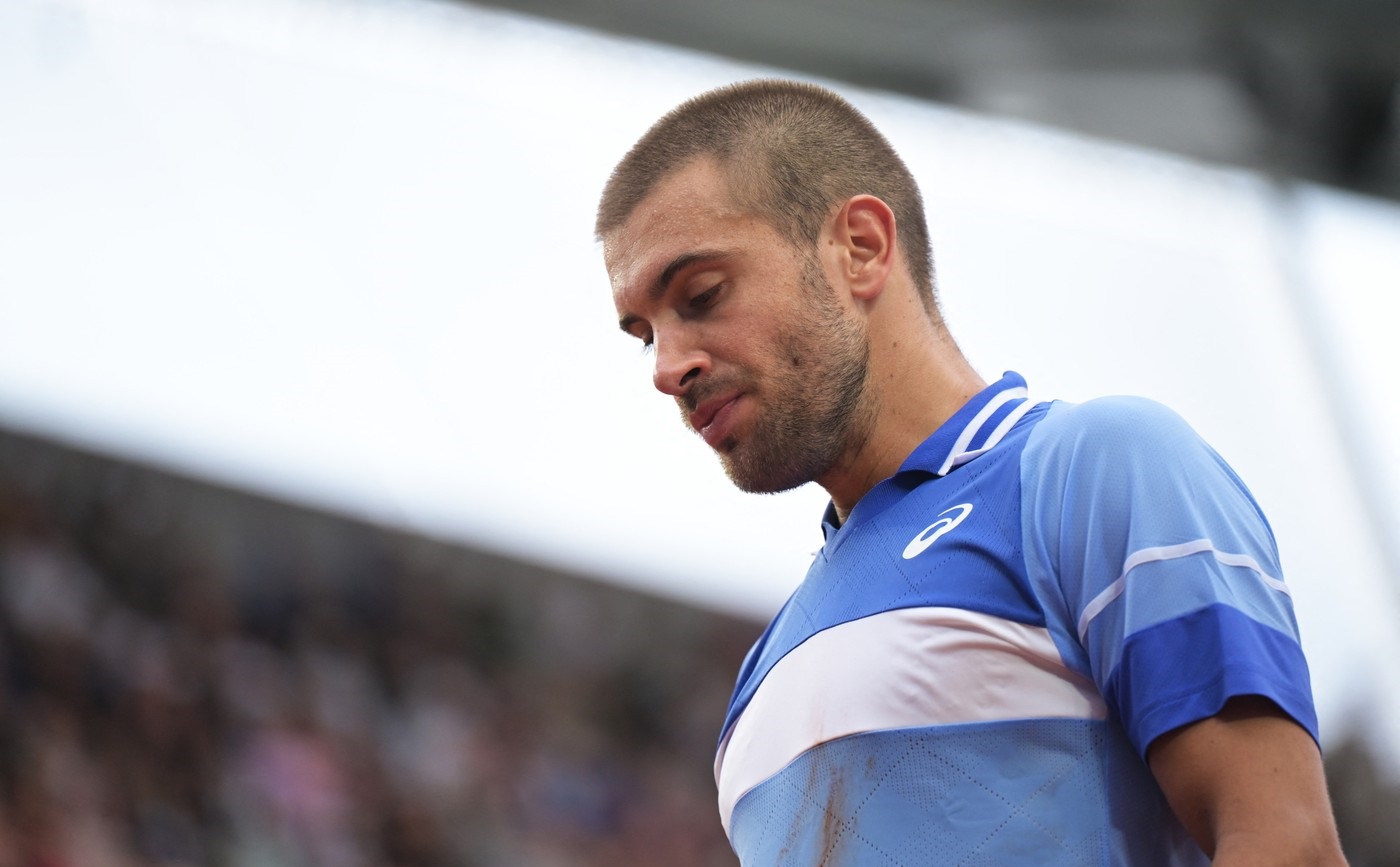 Croatia's Borna Coric reacts as he plays against France's Richard Gasquet during their men's singles match on day one of The French Open tennis tournament on Court Suzanne-Lenglen at The Roland Garros Complex in Paris on May 26, 2024.,Image: 876655320, License: Rights-managed, Restrictions: , Model Release: no, Credit line: Bertrand GUAY / AFP / Profimedia