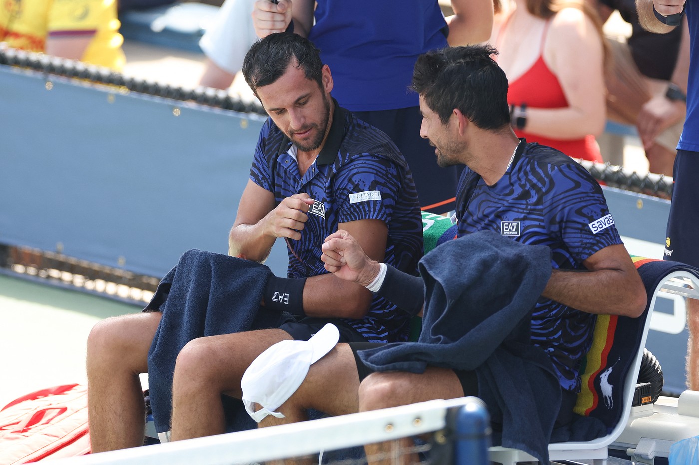 NEW YORK, NEW YORK - AUGUST 28: Mate Pavic of Croatia (L) and Marcelo Arevalo of El Salvador in action against Giovanni Mpetshi Perricard and Arthur Fils of France during their Men's Doubles First Round match on Day Three of the 2024 US Open at USTA Billie Jean King National Tennis Center on August 28, 2024 in the Flushing neighborhood of the Queens borough of New York City.   Sarah Stier,Image: 902374045, License: Rights-managed, Restrictions: , Model Release: no, Credit line: Sarah Stier / Getty images / Profimedia