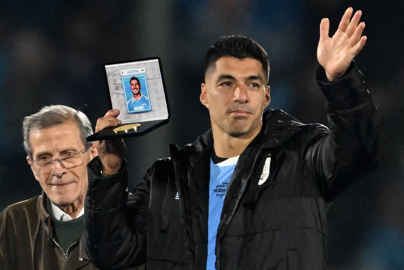 Uruguay's forward Luis Suarez waves next to Uruguay's former head coach Washington Tabarez after receiving a a commemorative plaque during his farewell ceremony to the national team after the 2026 FIFA World Cup South American qualifiers football match between Uruguay and Paraguay at the Centenario stadium in Montevideo, on September 6, 2024.,Image: 905441656, License: Rights-managed, Restrictions: , Model Release: no, Credit line: Eitan ABRAMOVICH / AFP / Profimedia