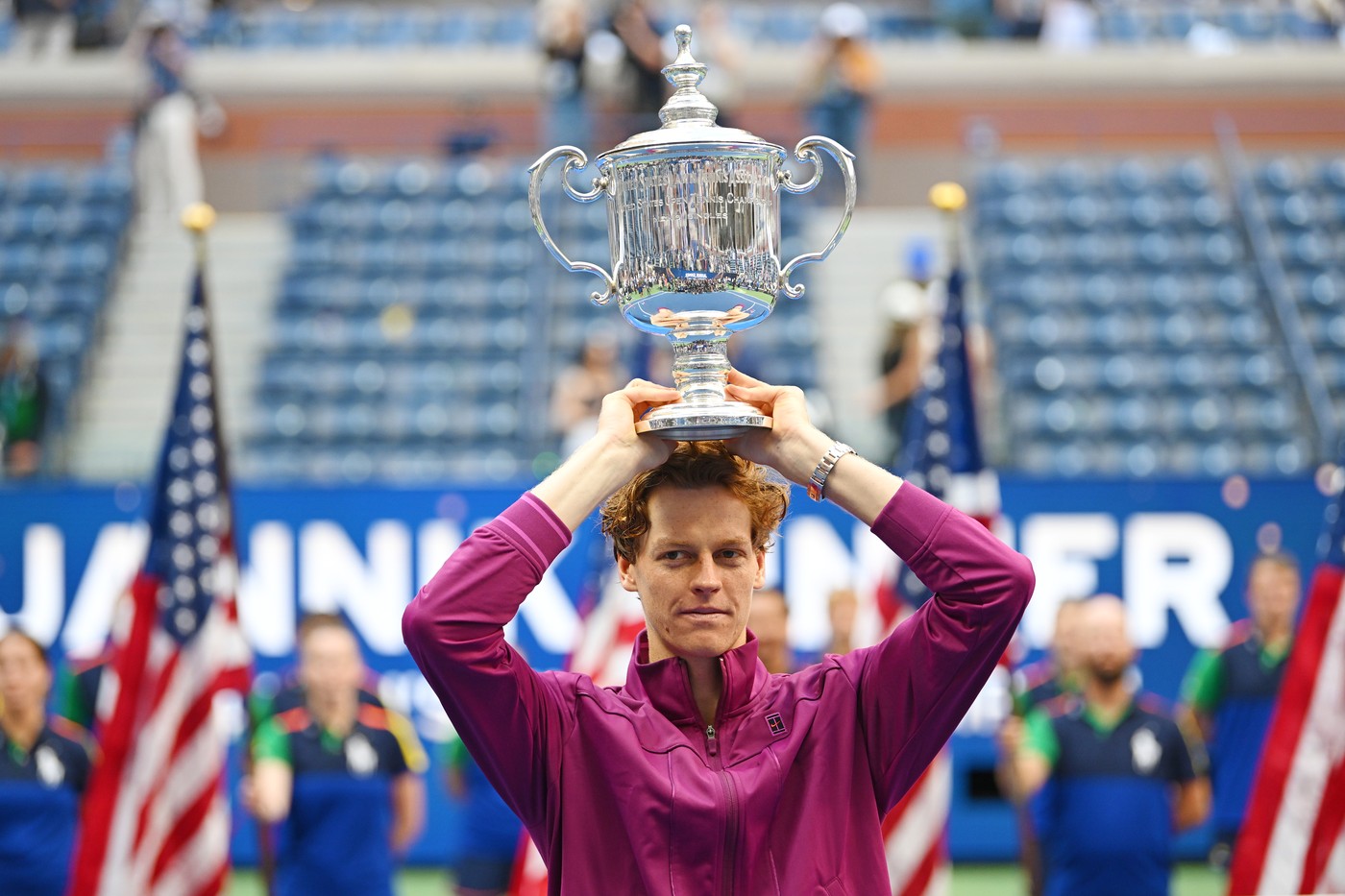 NEW YORK, Sept. 9, 2024  -- Jannik Sinner of Italy poses with the trophy during the awarding ceremony for the men's singles event of the 2024 US Open tennis championships in New York, the United States, Sept. 8, 2024.,Image: 905968095, License: Rights-managed, Restrictions: , Model Release: no, Credit line: Li Rui / Xinhua News / Profimedia