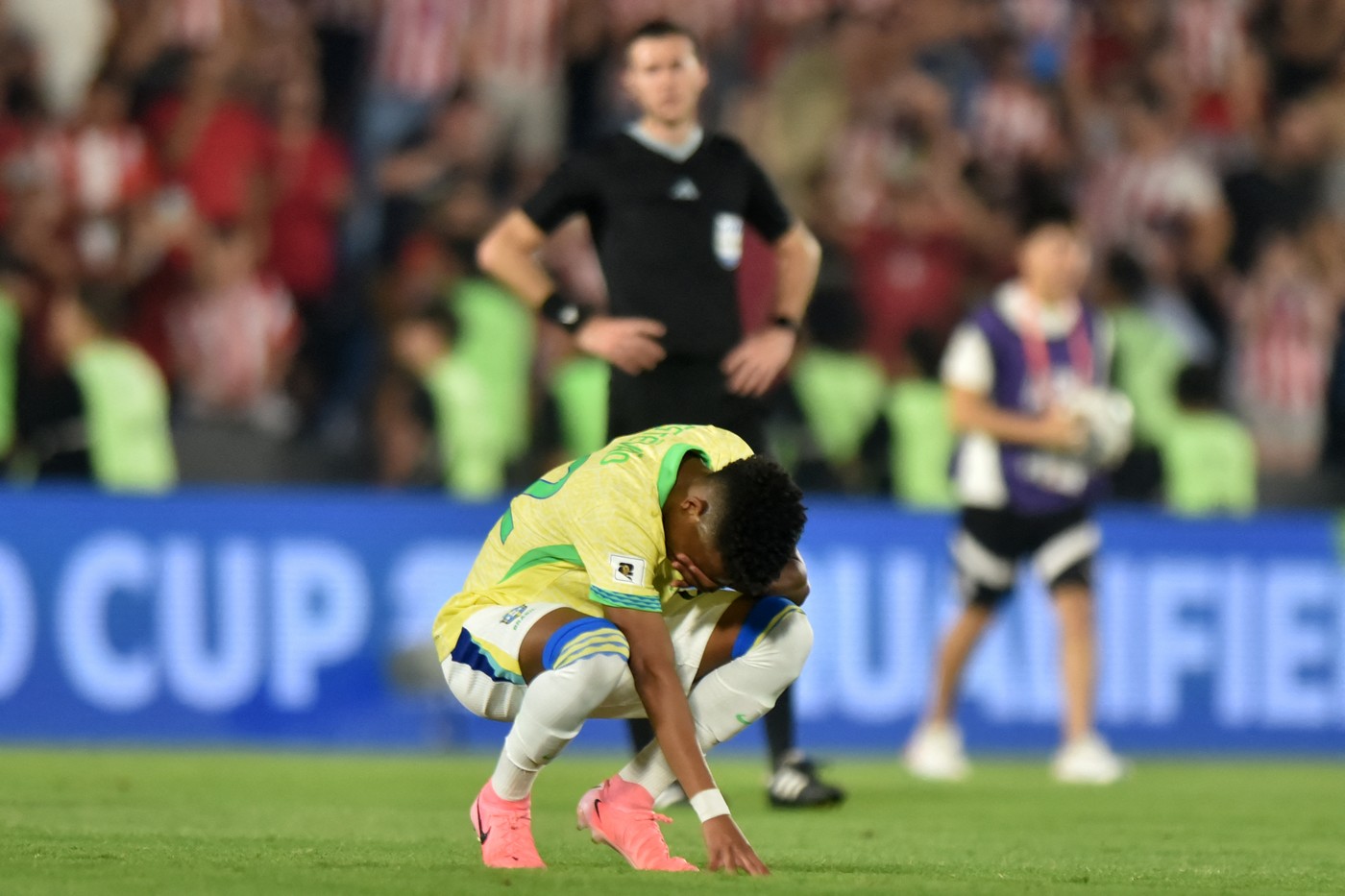 Brazil's forward Estevao reacts after losing the 2026 FIFA World Cup South American qualifiers football match between Paraguay and Brazil at the Defensores del Chaco stadium in Asuncion, on September 10, 2024.,Image: 906559267, License: Rights-managed, Restrictions: , Model Release: no, Credit line: JOSE BOGADO / AFP / Profimedia