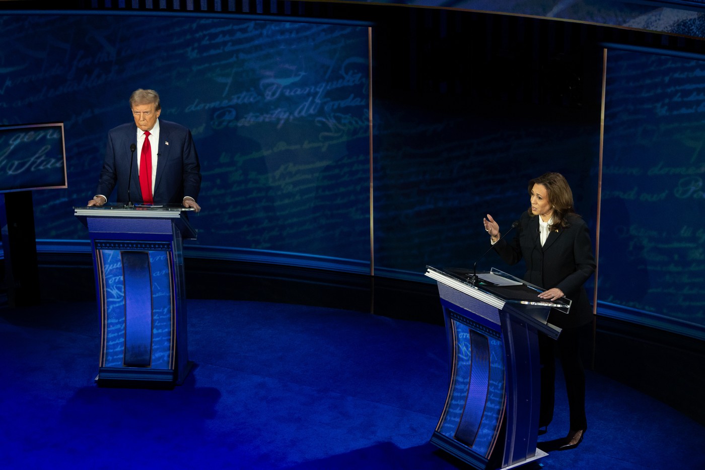 September 10, 2024, Philadelphia, Pennsylvania, USA: Former President DONALD TRUMP and Vice President KAMALA HARRIS on stage during the ABC News Presidential Debate.,Image: 906561612, License: Rights-managed, Restrictions: , Model Release: no, Pictured: Trump Donald Harris Kamala, Credit line: ABC / Zuma Press / Profimedia