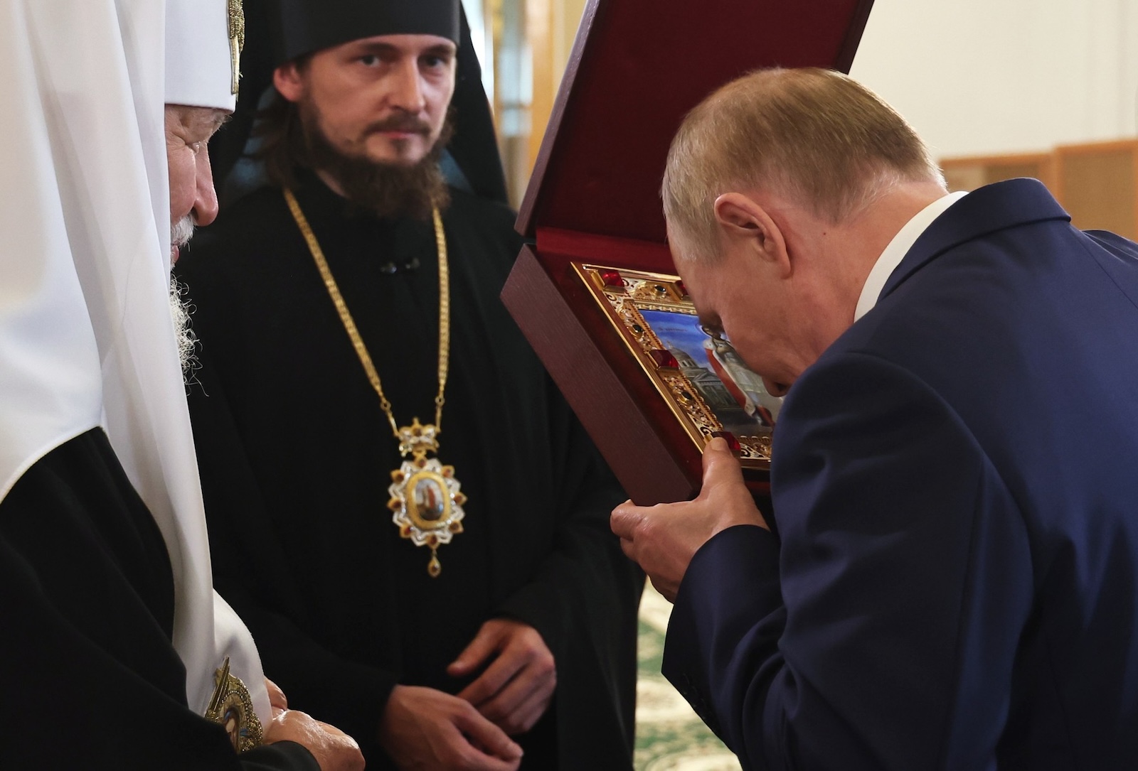 8763353 12.09.2024 Russian President Vladimir Putin and Patriarch Kirill of Moscow and all Russia visit the Annunciation Church of the Holy Trinity St. Alexander Nevsky Lavra Monastery in St. Petersburg, Russia.  / POOL,Image: 907038204, License: Rights-managed, Restrictions: Editors' note: THIS IMAGE IS PROVIDED BY RUSSIAN STATE-OWNED AGENCY SPUTNIK., Model Release: no, Credit line: Alexander Kazakov / Sputnik / Profimedia