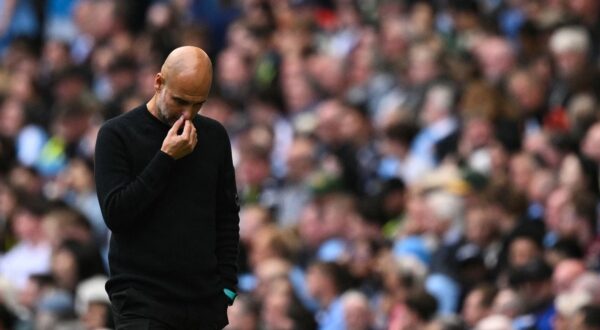 Manchester City's Spanish manager Pep Guardiola reacts during the English Premier League football match between Manchester City and Brentford at the Etihad Stadium in Manchester, north west England, on September 14, 2024.,Image: 907596072, License: Rights-managed, Restrictions: RESTRICTED TO EDITORIAL USE. No use with unauthorized audio, video, data, fixture lists, club/league logos or 'live' services. Online in-match use limited to 120 images. An additional 40 images may be used in extra time. No video emulation. Social media in-match use limited to 120 images. An additional 40 images may be used in extra time. No use in betting publications, games or single club/league/player publications., Model Release: no, Credit line: Oli SCARFF / AFP / Profimedia