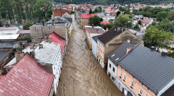 This aerial photograph taken on September 15, 2024 shows a view of the flooded streets in Glucholazy, southern Poland. One person has drowned in Poland and an Austrian fireman has died responding to floods, authorities said, as Storm Boris lashed central and eastern Europe with torrential rains. Since Thursday, September 12, 2024, swathes of Austria, the Czech Republic, Hungary, Romania and Slovakia have been hit by high winds and unusually fierce rainfall. The storm had already caused the death of five people in Romania, and thousands have been evacuated from their homes across the continent.,Image: 907859228, License: Rights-managed, Restrictions: , Model Release: no, Credit line: Sergei GAPON / AFP / Profimedia