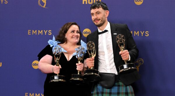 English actress Jessica Gunning (L) winner of the Outstanding Supporting Actress in a Limited or Anthology Series or Movie for "Baby Reindeer", and Scottish actor Richard Gadd, winner of the Outstanding Limited or Anthology Series for "Baby Reindeer", pose in the press room during the 76th Emmy Awards at the Peacock Theatre at L.A. Live in Los Angeles on September 15, 2024.,Image: 908090503, License: Rights-managed, Restrictions: , Model Release: no, Credit line: Robyn Beck / AFP / Profimedia