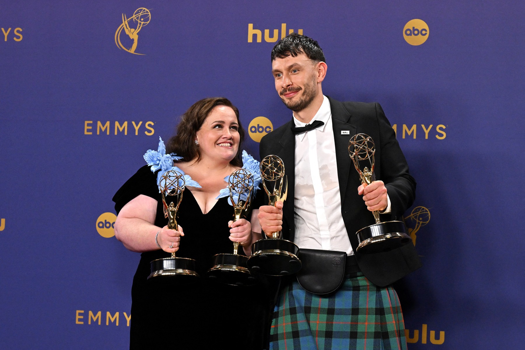 English actress Jessica Gunning (L) winner of the Outstanding Supporting Actress in a Limited or Anthology Series or Movie for "Baby Reindeer", and Scottish actor Richard Gadd, winner of the Outstanding Limited or Anthology Series for "Baby Reindeer", pose in the press room during the 76th Emmy Awards at the Peacock Theatre at L.A. Live in Los Angeles on September 15, 2024.,Image: 908090503, License: Rights-managed, Restrictions: , Model Release: no, Credit line: Robyn Beck / AFP / Profimedia