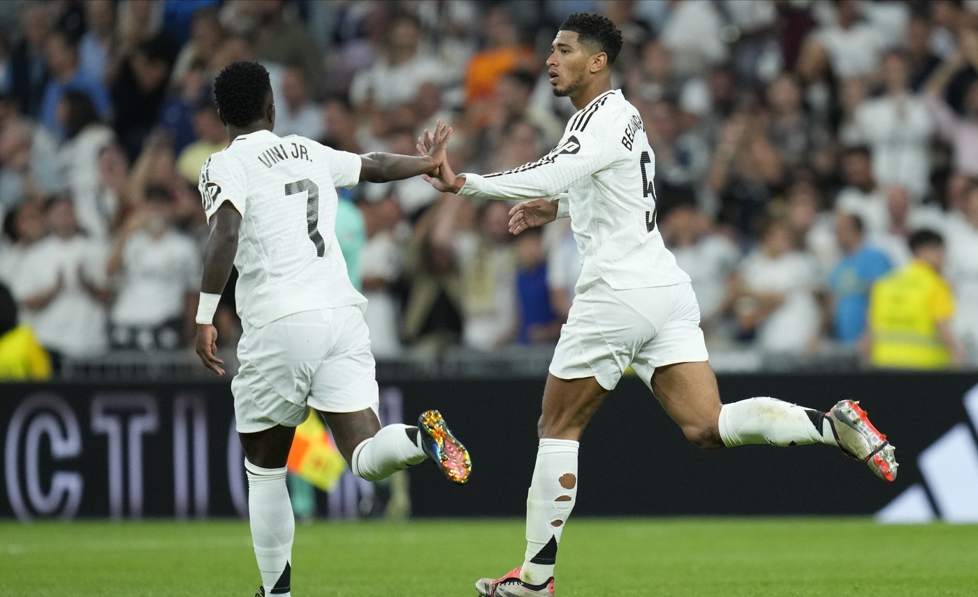 Vinicius Junior and Jude Bellingham of Real Madrid CF during the La Liga EA Sports match between Real Madrid and RCD Espanyol played at Santiago Bernabeu Stadium on September 21, 2024 in Madrid, Spain.,Image: 911036432, License: Rights-managed, Restrictions: World Rights Except Japan, Spain, France and The Netherlands * ESPOUT FRAOUT JPNOUT NLDOUT, Model Release: no, Credit line: pressinphoto / ddp USA / Profimedia