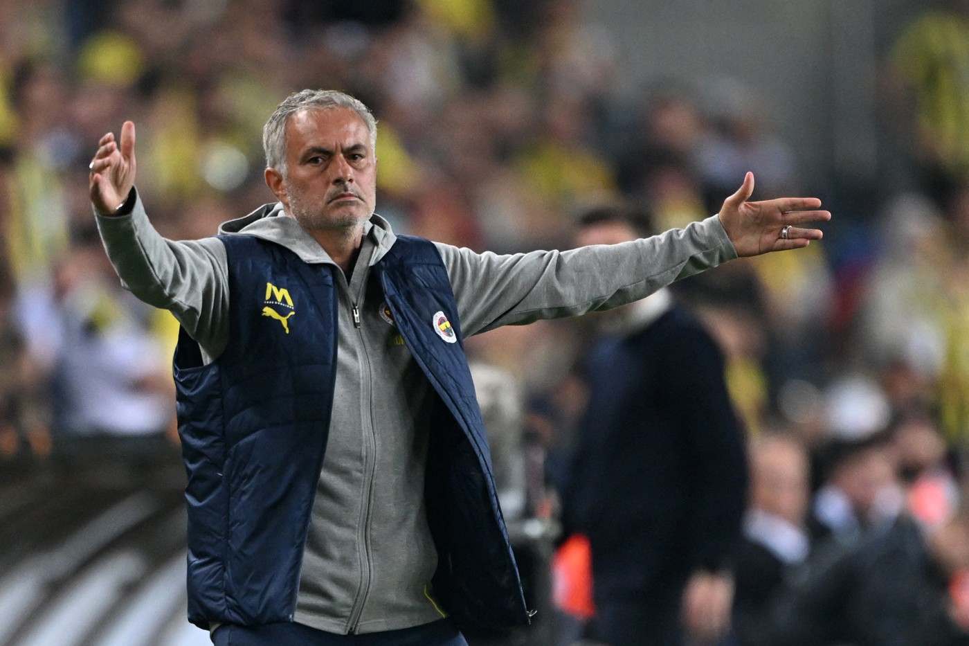 Fenerbahce's Portuguese coach Jose Mourinho reacts during the UEFA Europa League 1st round day 1 football match between Fenerbahce SK and Union Saint-Gilloise at the Fenerbahce Sukru Saracoglu stadium in Istanbul, on September 26, 2024.,Image: 912309563, License: Rights-managed, Restrictions: , Model Release: no, Credit line: Ozan KOSE / AFP / Profimedia