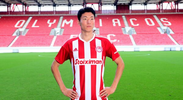 Greece Piraeus, new signing at Greek first division soccer club Olympiakos Piraeus, Ui jo Hwang, on the day of signing the contract on 26 08 2022 In the picture Ui jo Hwang at Giorgios Karaiskakis stadium of Piraeus Ui jo Hwang to Olympiakos Piraeus. ANE5664730