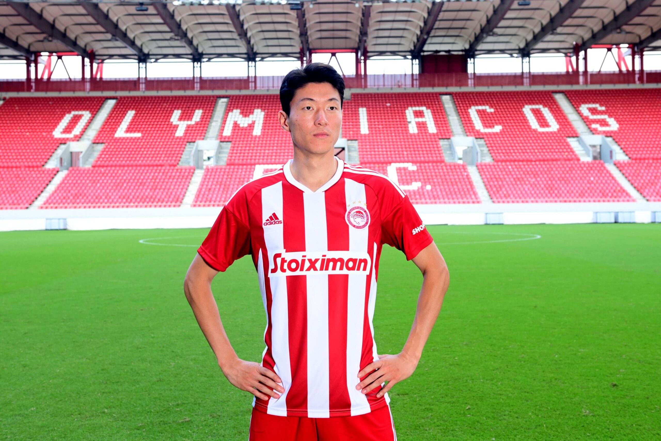 Greece Piraeus, new signing at Greek first division soccer club Olympiakos Piraeus, Ui jo Hwang, on the day of signing the contract on 26 08 2022 In the picture Ui jo Hwang at Giorgios Karaiskakis stadium of Piraeus Ui jo Hwang to Olympiakos Piraeus. ANE5664730