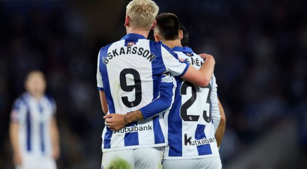 Real Sociedad v Valencia CF - LaLiga EA Sports Orri Oskarsson of Real Sociedad celebrates after scoring goal during the LaLiga EA Sports match between Real Sociedad and Valencia CF at Reale Arena on September 28, 2024, in San Sebastian, Spain. San Sebastian Reale Arena Basque Country Spain RL_RSOvVCF_000093 Copyright: xRicardoxLarreinax