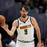 Denver Nuggets forward Dario Saric (9) in the second half of an NBA preseason game Sunday, Oct. 13, 2024, in Denver. (AP Photo/David Zalubowski) Suns Nuggets Basketball