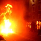 Riot police officers stand in a street as molotov cocktails explode outside the government building, thrown by opposition protesters who demand the resignation of the government and the release of opposition MP Ervin Salianji, in Tirana, on October 7, 2024. Clashes broke out late Monday in Tirana between police and opposition protesters seeking that longtime leftist Prime Minister Edi Rama resigns, leaving 10 officers injured police said. A few thousand people gathered in the Albanian capital at demonstrations organised by the country's right-wing opposition, according to an AFP reporter.,Image: 917830156, License: Rights-managed, Restrictions: , Model Release: no, Credit line: Adnan Beci / AFP / Profimedia