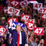 Former US President and Republican presidential candidate Donald Trump waves as he leaves the stage after a town hall at the Convention Center in Lancaster, Pennsylvania, October 20, 2024.,Image: 924130312, License: Rights-managed, Restrictions: , Model Release: no, Credit line: Charly TRIBALLEAU / AFP / Profimedia