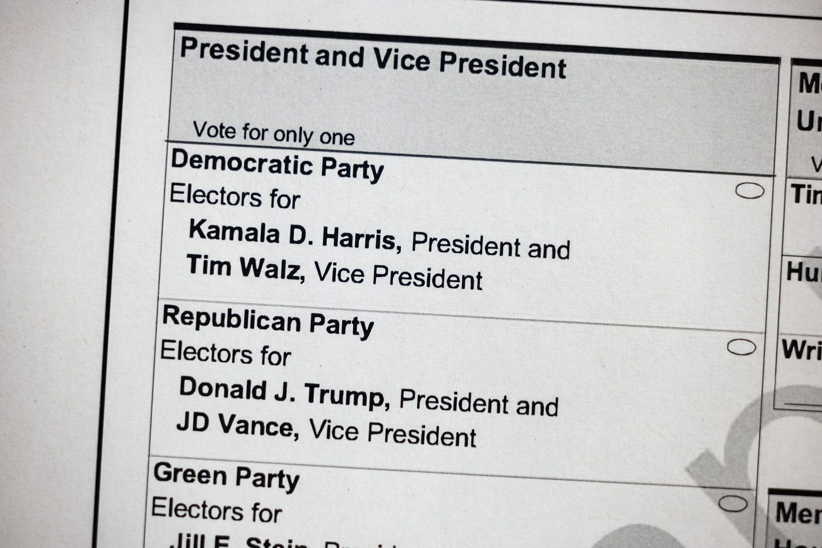 epa11622419 A sample ballot for the 2024 US presidential election on display at the Elana Bozeman Government Center in Arlington, Virginia, USA, 24 September 2024. Early in-person voting sites opened throughout Virginia on 20 September 2024.  EPA/JIM LO SCALZO