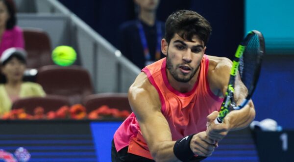 epa11632036 Carlos Alcaraz of Spain in action during his Men's Singles second round match against Tallon Griekspoor of Netherlands in the China Open tennis tournament in Beijing, China, 29 September 2024.  EPA/WU HAO