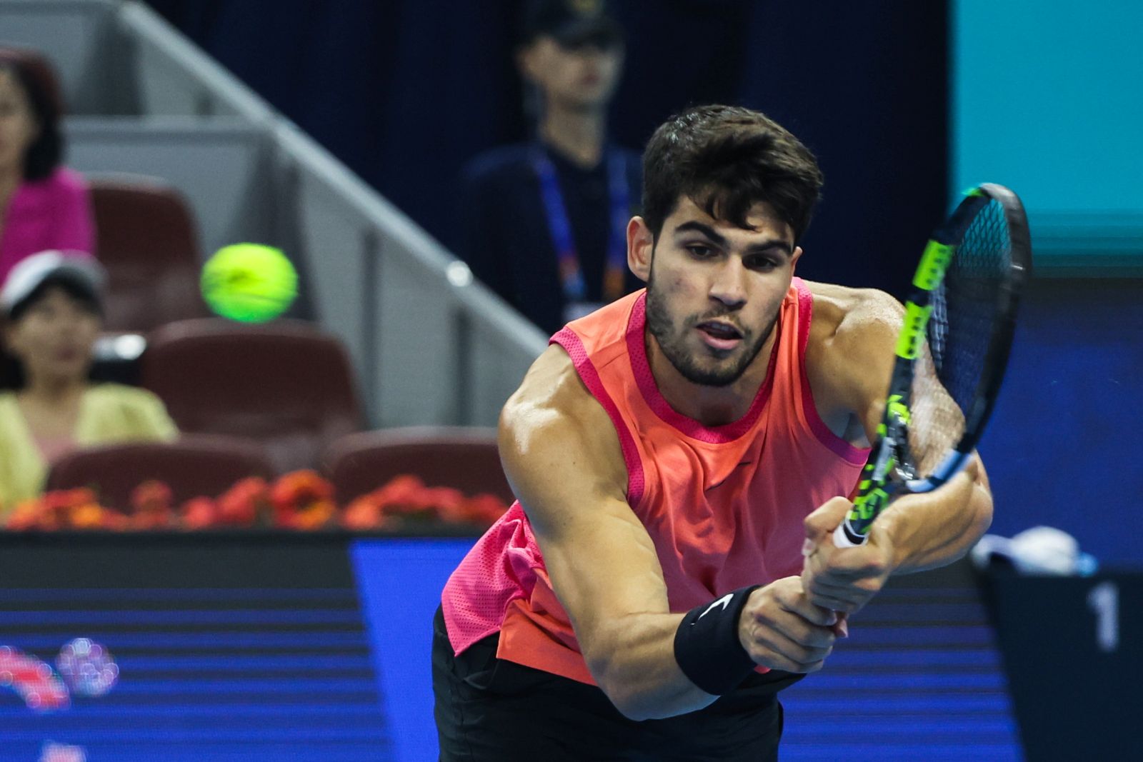 epa11632036 Carlos Alcaraz of Spain in action during his Men's Singles second round match against Tallon Griekspoor of Netherlands in the China Open tennis tournament in Beijing, China, 29 September 2024.  EPA/WU HAO