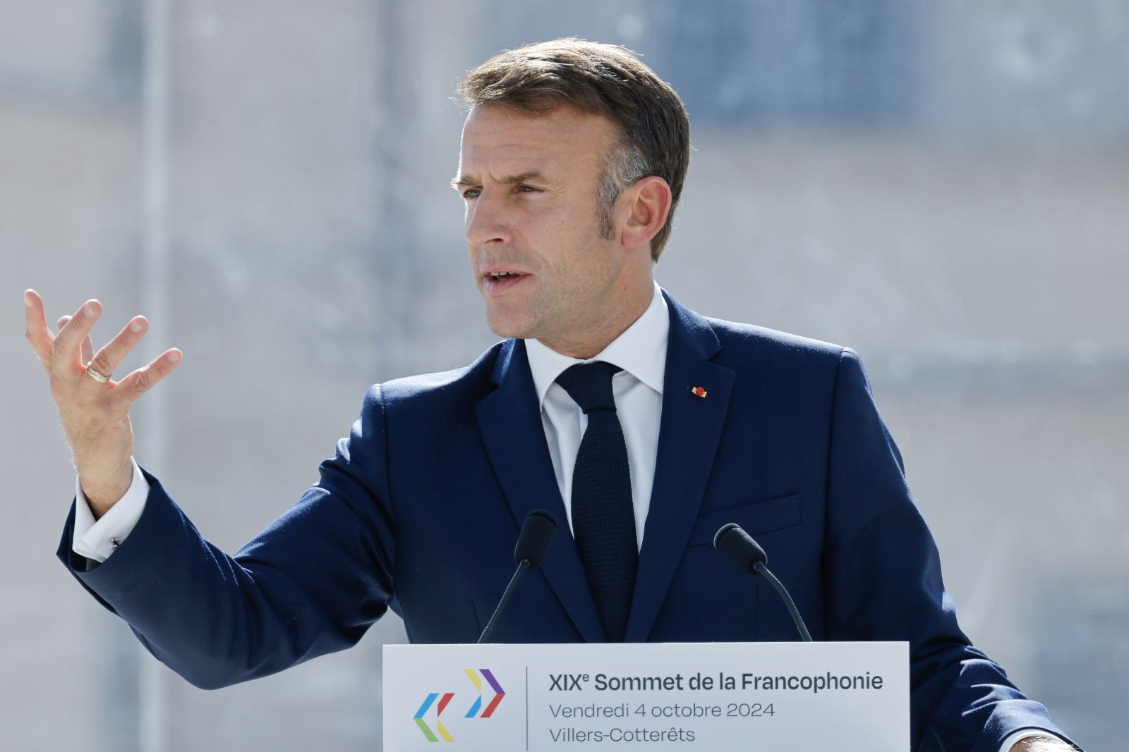 epa11641713 France's President Emmanuel Macron delivers the opening speech during the 19th Francophonie Summit at the International City of the French Language in Villers-Cotterets, France, 04 October 2024. The representatives of more than 100 states and governments take part in the 19th Francophonie Summit in Villers-Cotterets held on 04 and 05 October 2024. The Cite internationale de la langue francaise is dedicated to the French language and French-speaking cultures.  EPA/LUDOVIC MARIN / POOL  MAXPPP OUT