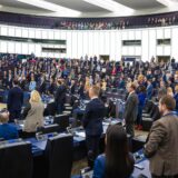 epa11647684 Members of the European Parliament stand during a minute of silence to pay tribute to the victims of the 07 October Hamas attack on Isreal upon the opening of the plenary session at the European Parliament in Strasbourg, France, 07 October 2024.   EPA/CHRISTOPHE PETIT TESSON