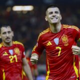 epa11661229 Spain's Alvaro Morata celebrates after scoring the 2-0 goal during the UEFA Nations League Group D soccer match between Spain and Serbia, in Cordoba, Spain, 15 October 2024.  EPA/JULIO MUNOZ