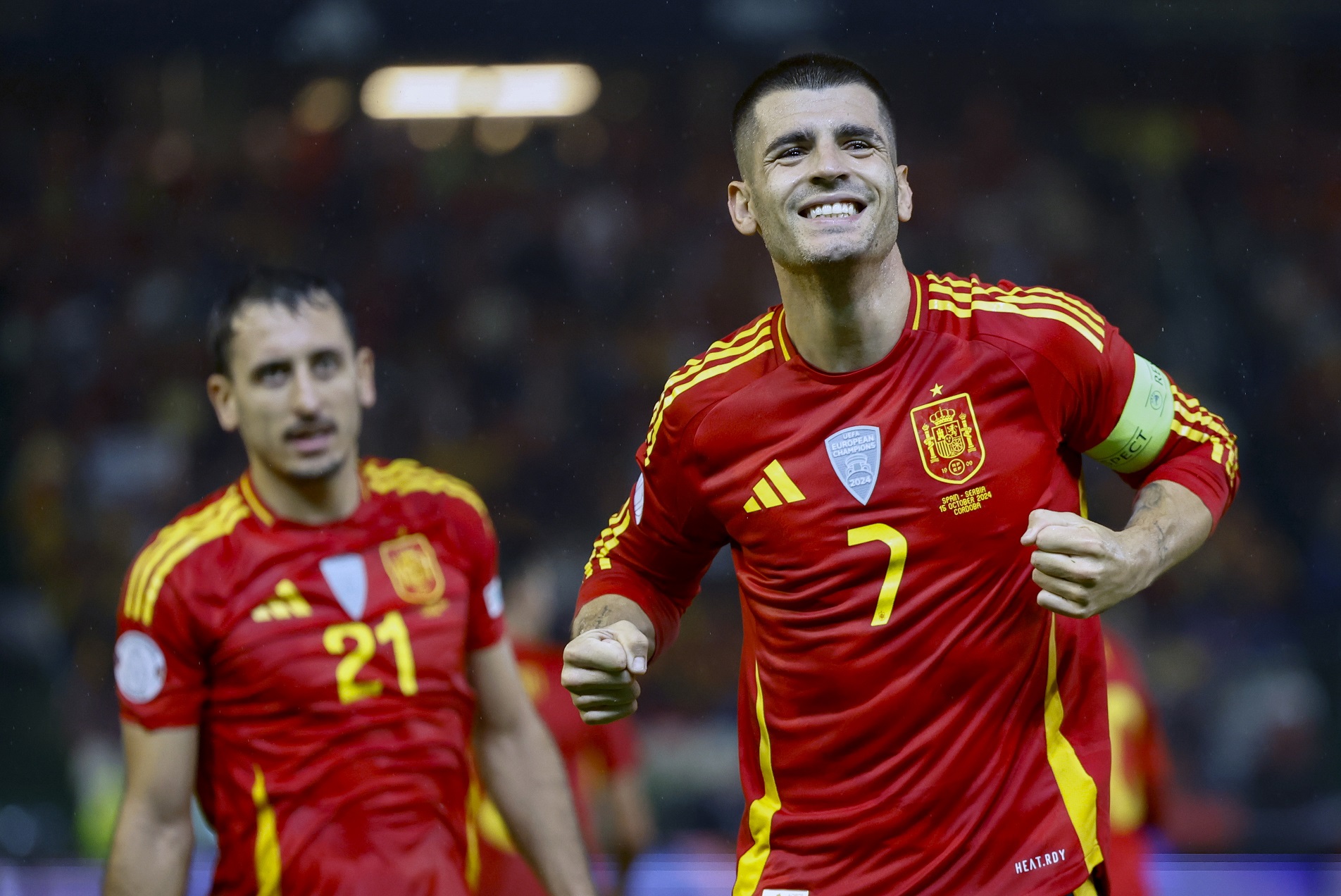 epa11661229 Spain's Alvaro Morata celebrates after scoring the 2-0 goal during the UEFA Nations League Group D soccer match between Spain and Serbia, in Cordoba, Spain, 15 October 2024.  EPA/JULIO MUNOZ